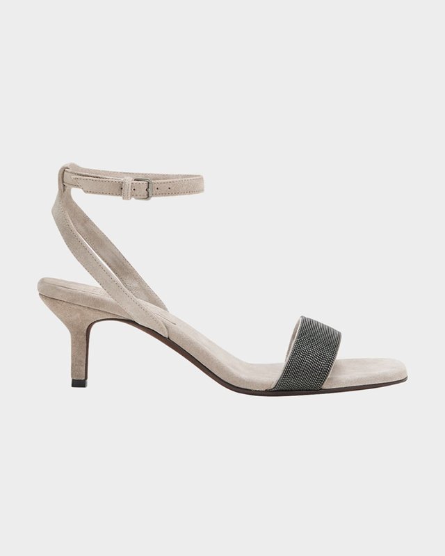 Monili Strap Suede Kitten-Heel Sandals